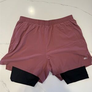 ALO Yoga Men's 2 in 1 Revival Red Lined Athletic Shorts